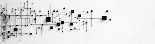 Abstract geometric composition with interconnected lines squares circles and dots creating a modern technical and digital design in monochrome style