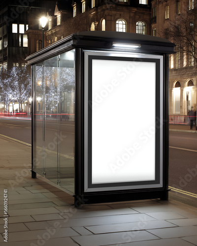 Blank White Advertisement Billboard at Urban Bus Shelter in City Night. Mock up promotion information for marketing announcements and details, blank white space.