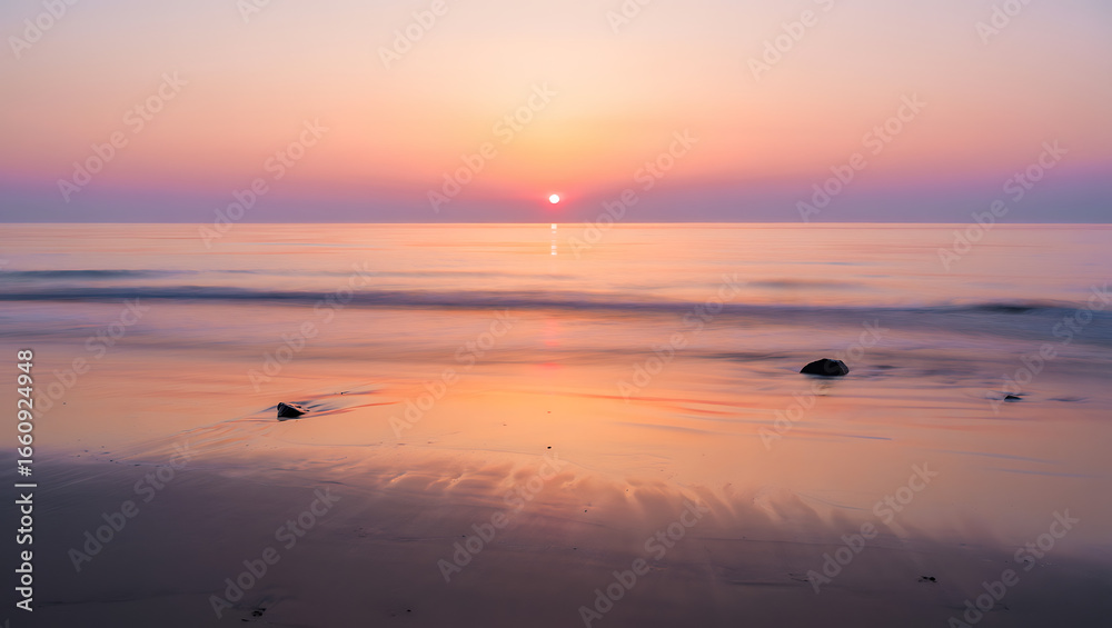 Obraz premium Serene ocean sunset with soft pastel colors reflecting on wet sand and gentle waves creating a peaceful and tranquil atmosphere for relaxation and contemplation
