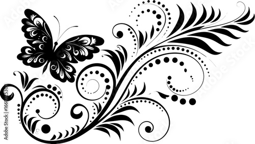 Black and white vector image featuring a butterfly with floral swirls and decorative elements design art silhouette