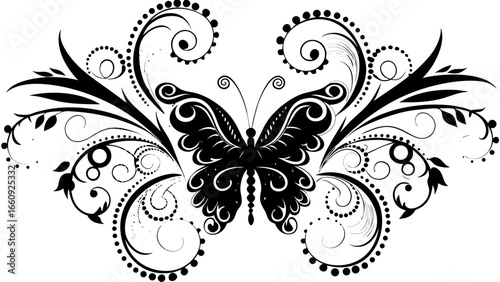 Decorative black and white butterfly with floral swirls and dots in a symmetrical arrangement design element silhouette