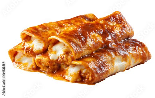  Mexican enchiladas with red chili sauce and cheese, isolated on transparent background