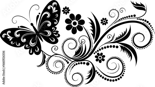 Black and white vector illustration of a butterfly with decorative swirls and floral elements design art silhouette