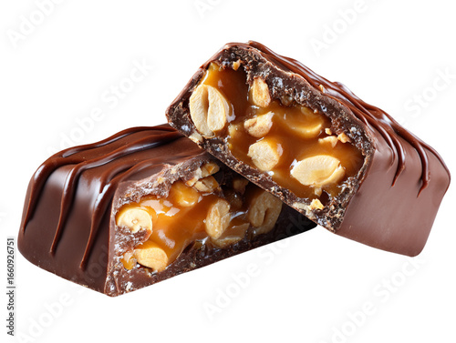  Snickers Candy Bar Broken in Half Showing Caramel and Peanuts White Background