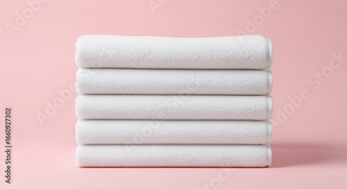 Neat Stack of Six White Bath Towels on Pink Background