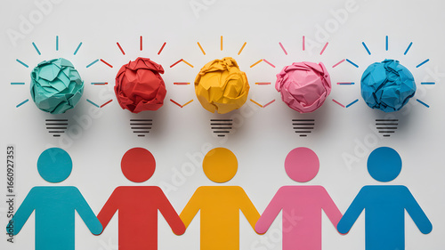Creative team collaboration and idea generation with colorful paper lightbulbs and figures holding hands