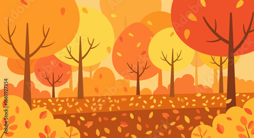 Illustration Vector of an Autumn Landscape with Trees and Leaves in Various Shades of Orange and Yellow in a Flat Style