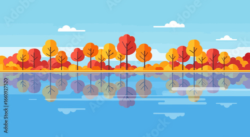 Autumn Landscape Vector Illustration with Trees and Water Reflection Modern Geometric Design