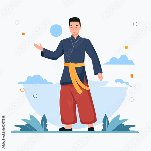 Martial Arts Stance: Confident Young Man in Traditional Uniform