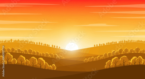 Illustration Art Vector Landscape with Rolling Hills Trees and Sun in Warm Orange Gradient Colors