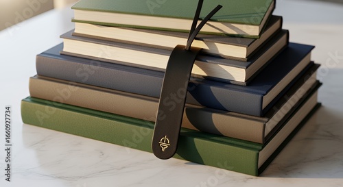 Stack of Books with Leather Bookmark, Elegant Home Decor