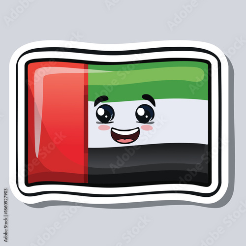 Cartoon illustration of the United Arab Emirates flag with a smiling face, a happy expression.