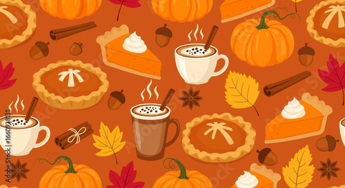 Pattern Design Vector with Pumpkins Pies Leaves and Hot Drinks Autumn Thanksgiving Theme Warm Brown Colors