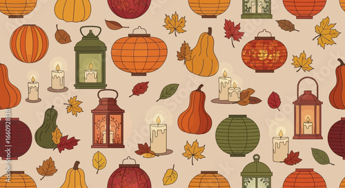 Autumn Vector Pattern with Pumpkins Lanterns and Leaves Vintage Style Fall Season Illustration