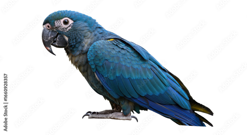 Naklejka premium Vibrant blue parrot isolated on white background perched gracefully showcasing its feathers against a plain backdrop