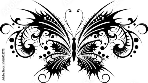 A decorative butterfly with intricate black and white patterns and symmetrical wing designs displayed nicely silhouette