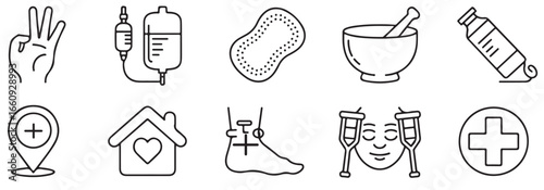 Various medical symbols and icons in black outline including hand iv bag and mortar and pestle icons