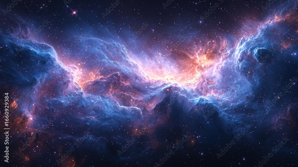 Fototapeta premium A swirling nebula, a cosmic canvas painted with hues of vibrant blue and purple, explodes with the brilliance of a supernova, leaving behind a trail of stardust and countless stars, illuminating 