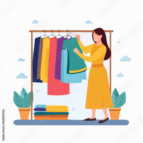 Wardrobe Selection: Woman Choosing Clothes on Rack Illustration