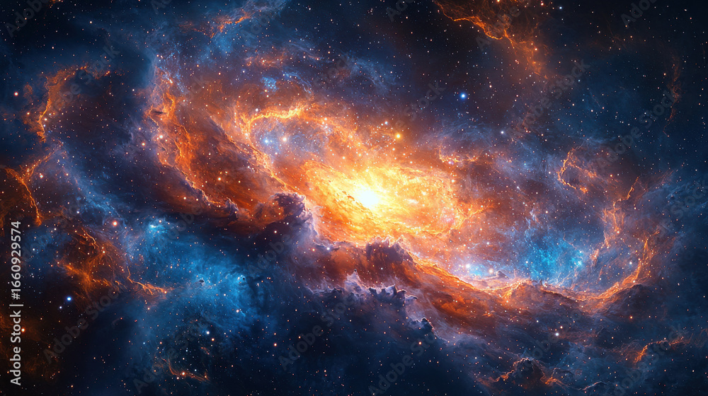 Obraz premium A swirling nebula, a cosmic canvas painted with hues of vibrant blue and purple, explodes with the brilliance of a supernova, leaving behind a trail of stardust and countless stars, illuminating 