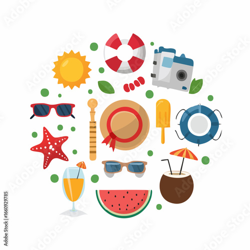 Summer Holiday Icons: Beach Essentials and Tropical Refreshments