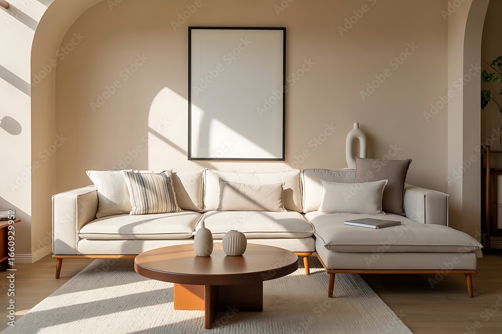 Fototapeta premium Living room mockup, Frame mockup, wall art mockup, room mockup, bedroom mockup. Contemporary and luxurious living room interior with a comfortable sofa, modern furniture, and stylish home decor
