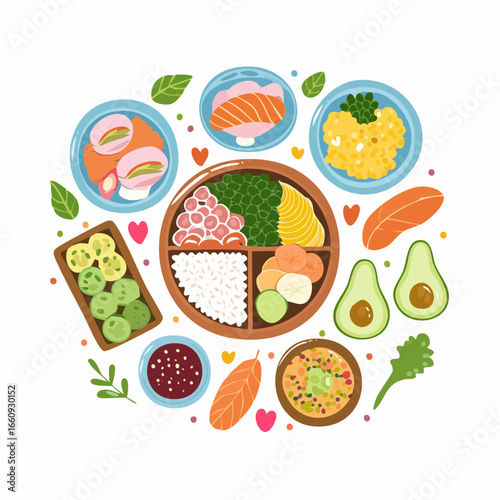 Colorful Illustration of a Healthy Poke Bowl Arrangement