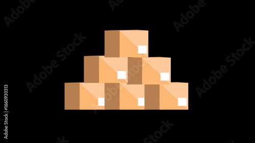 Pixel art illustration of a pyramid stack of cardboard boxes, representing shipping, logistics, and warehouse inventory on a black background.