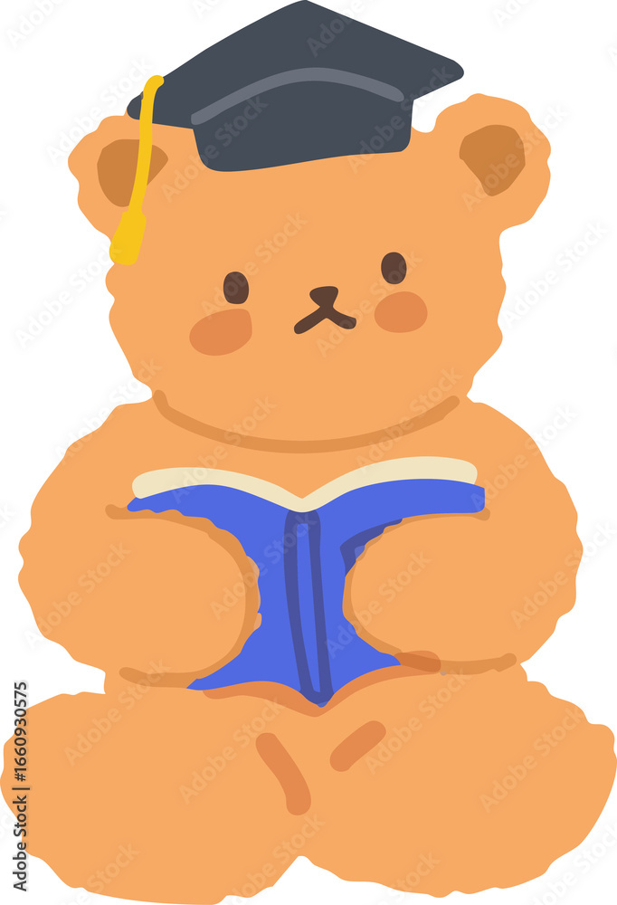 Obraz premium Cute Handdrawn Teddy Bear Graduation Cap Reading Book Illustration