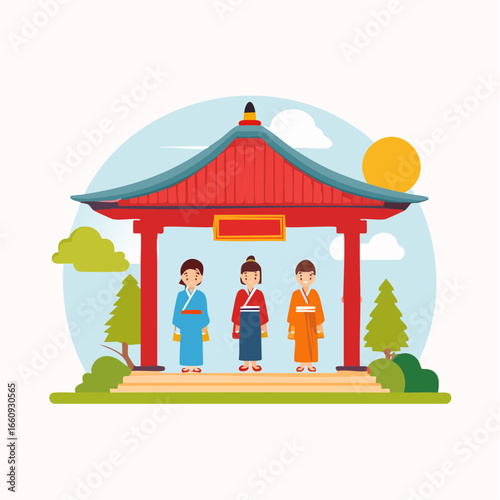 Japanese Culture: Three Women in Kimonos at a Temple Gate