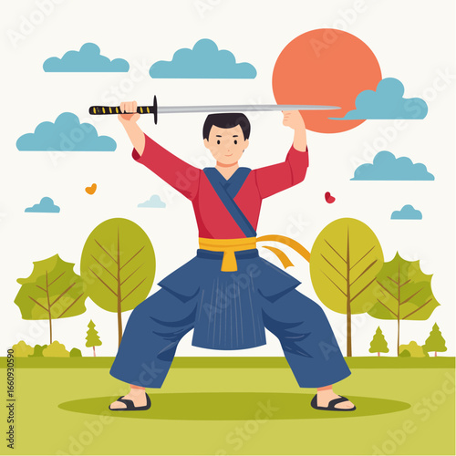 Samurai Warrior: Illustration of a Swordsman in Action
