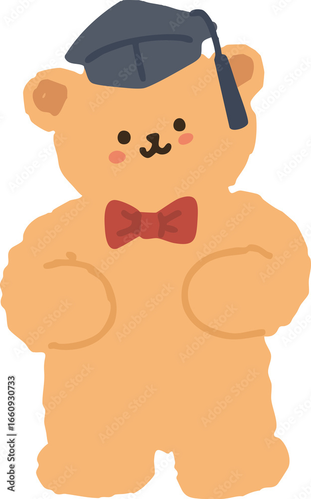 Obraz premium Cute Handdrawn Brown Graduation Teddy Bear with Bow Tie Illustration
