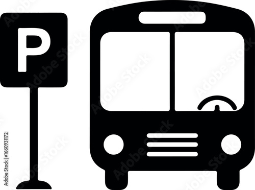 Bus icon and bus stop sign on white background
