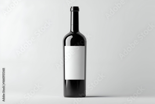 Dark Glass Wine Bottle with Blank White Label Against Neutral Background. Mock up promotion information for marketing announcements and details, blank white space.