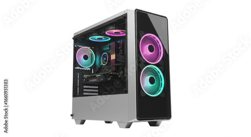 Sleek gaming PC setup isolated on white background with vibrant RGB lighting showcasing internal components