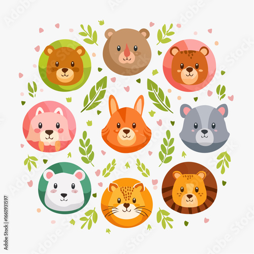 Cartoon Animal Faces Collection: Cute Wildlife Circle