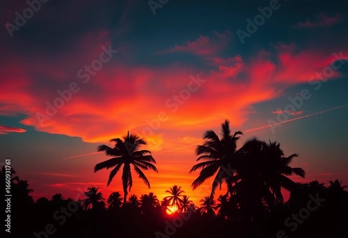 Sunset silhouette, palm trees, surreal blend, vibrant colors,   mystical,  surreal