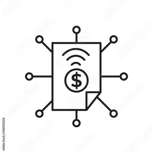 Digital payment icon with dollar sign, symbolizing fintech, online billing, e-invoice, blockchain finance, cashless transaction, smart contract, and secure mobile banking technology innovation.