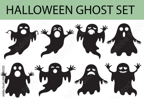 Collection of eight black halloween ghost silhouettes with varied expressions on a white background