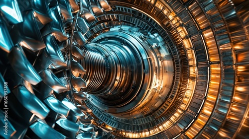 A close-up, low-angle shot reveals the intricate inner workings of a jet engine. The engineâ€™s central shaft is surrounded by a dense array of metallic blades