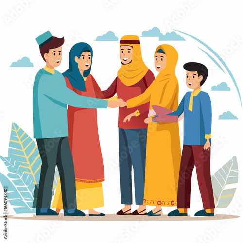 Multicultural Friendship: Diverse Group Shaking Hands, Vector Illustration