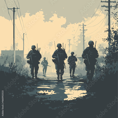 army in battlefield, vector style simple color