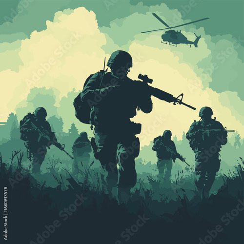 army in battlefield, vector style simple color