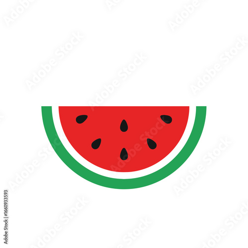 A slice of watermelon with seeds on a white background.