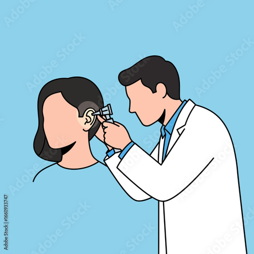 Doctor examines a patient's ear with an otoscope.