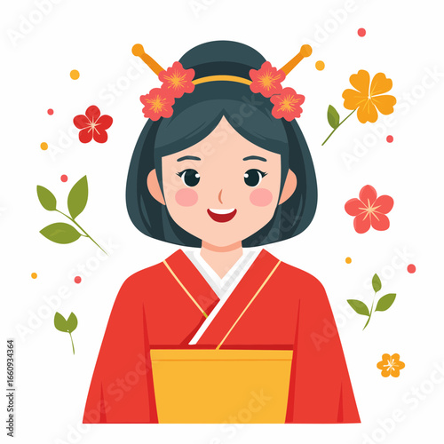 Traditional Japanese Woman with Floral Hair Ornaments Illustration