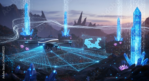 Drone Surveying Futuristic Crystal Landscape
