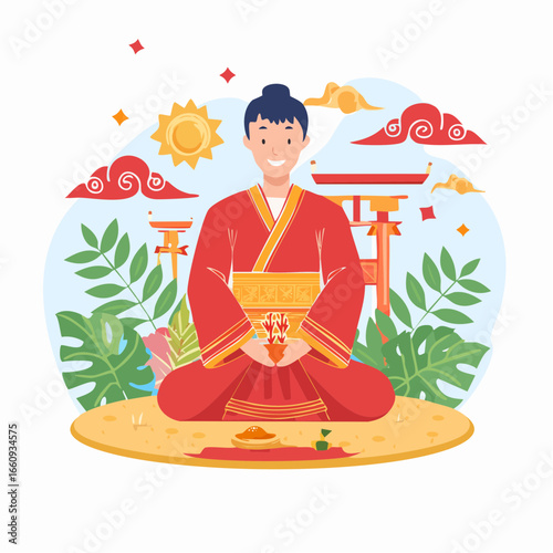 Serene Japanese Meditation: Woman in Kimono in Lotus Position