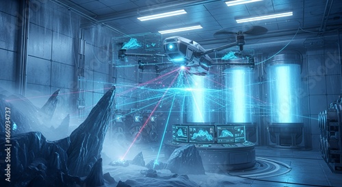 Futuristic Drone Control Center: Advanced Technology and Monitoring