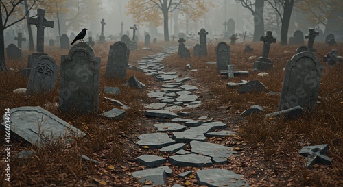 A stone path winds through a fogshrouded graveyard lined with weathered tombstones A black crow perches atop one